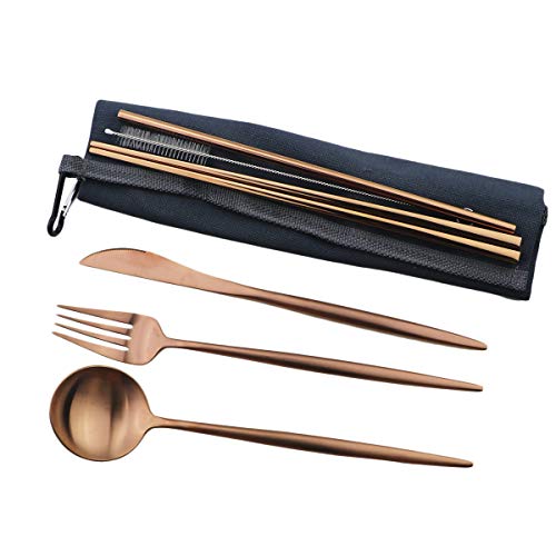 Reusable Travel Utensils (Blue Pouch / Rose Gold)