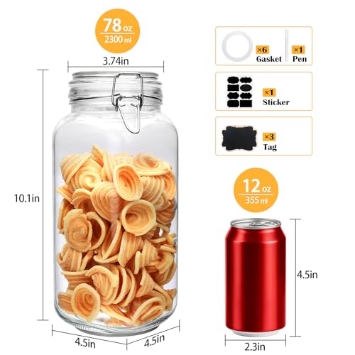 78oz Glass Storage Jars with Airtight Lids Set of 3 (78oz*3-square)