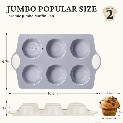 2-Pack 6-Cup Non Toxic Nonstick Ceramic Jumbo Muffin Pan & Cupcake Tin, PFOA & PFOA Free, Heavy Duty Rust-Resistant Aluminized Steel, Oven Safe, Cream White (Cream / 6 Cup Jumbo Muffin Pan (2 pack))