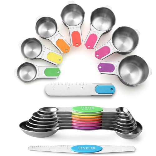 Magnetic Measuring Cups & Spoons Set of 15 with Levelers (Neon)