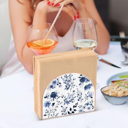 Blue White Porcelain Flower Napkin Holder for Table Paper Napkins Holder Acrylic Tissue Dispenser Kitchen Dining Room Bathroom Party Car Decor (NH065 / 4.1x4.9x1.97in)