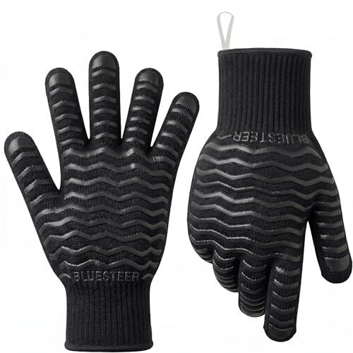 BBQ Gloves 1472°F Heat Resistant Oven Gloves with Fingers (Black-black / One Size Fits Most)