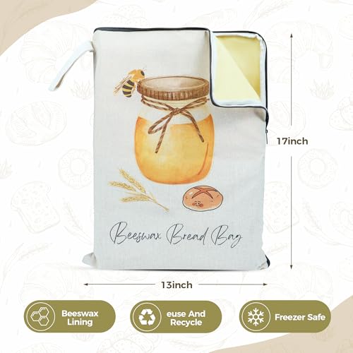 2 Packs Wide Zipper Access Beeswax Bread Bags for Homemade Bread (White - Little Bee)