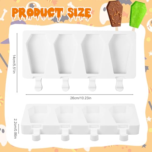 Halloween Coffin Shaped Mold Large 4 Cavity Reusable Silicone Cakesicle Cake Pop Ice Cream Mold for Halloween Adults Homemade Ice Cream Chocolate Candy DIY Trick Dessert Decorating (Coffin)