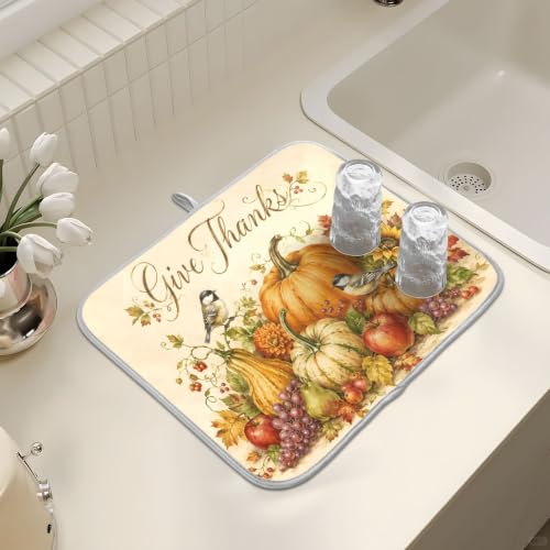 Thanksgiving Dish Drying Mat for Kitchen Counter Absorbent Microfiber Large Drying Pad Fall Autumn Harvest Pumpkin Dish Mats for Kitchen Countertops 18 x 24 Inch (Thanksgiving Harvest / 24" x 18")