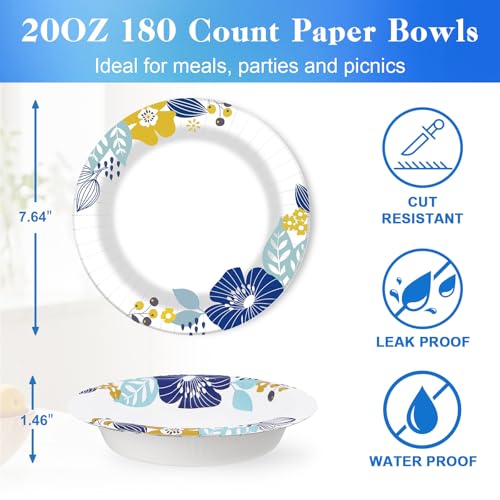 20 oz 180 Pack Paper Bowls Bulk Heavy Duty Disposable Bowls Flower (Flower / 20 oz)