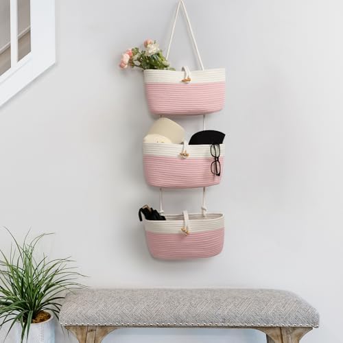 Over The Door Hanging Baskets with Button Strap (Pink+White / 3 tier+Button)