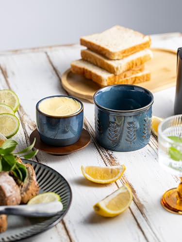 Ceramic Butter Crock with Lid for Countertop (Blue / Leaf-3.94"dia)