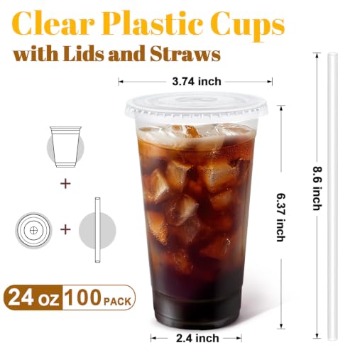 100 Pack 24 oz Clear Plastic Cups with Lids and Straws Disposable (Clear / 24 oz)