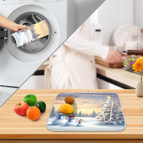 Christmas Tree and Snowman Dish Drying Mat for Kitchen Counter Absorbent Microfiber Small Winter Snowflakes Drying Pad Dish Mats for Kitchen Countertops 16 x 18 Inch (18" x 16")