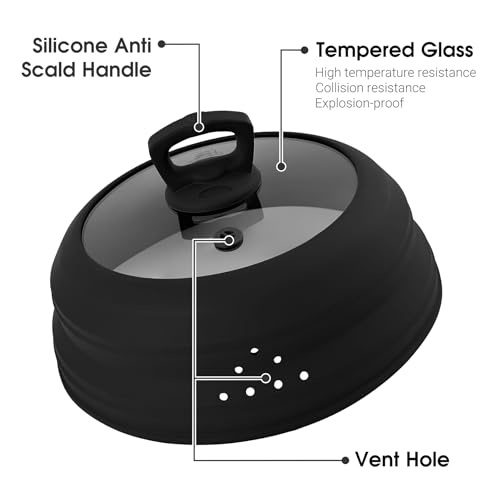 Microwave Splatter Cover Glass 10.5 Inch Microwave Cover for Food with Handle Collapsible Silicone Microwave Cover with Steam Vent for Pot Plate Bowl (10.5 inch / Black)