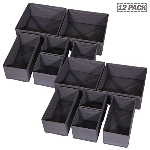 12 Pack Foldable Cloth Storage Box Closet Dresser Drawer Organizer Fabric Baskets Bins Containers Divider for Baby Clothes Underwear Bras Socks Lingerie Clothing (12 Count)