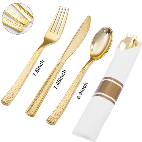 400PCS Gold Wrapped Silverware Set Disposable Hammered for Weddings (Gold - Hammered)