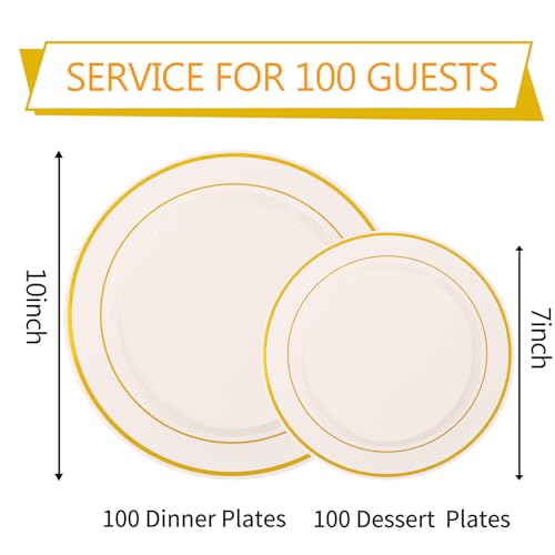 200PCS Gold and Ivory Plastic Plates (Ivory Gold / 200 Pcs)