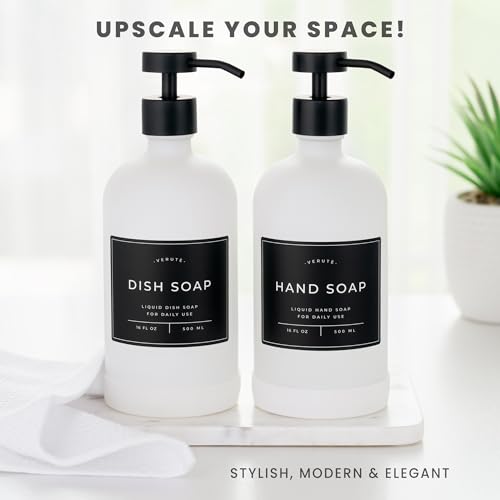 Hand and Dish Soap Dispenser for Kitchen and Bathroom (Matte White Bottle / Black Pump)