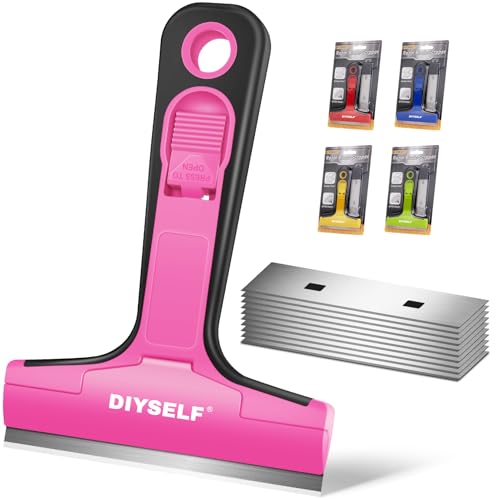 Window Scraper with 10 Extra 4" Razor Blades (10PCS Metal Blades / Pink)
