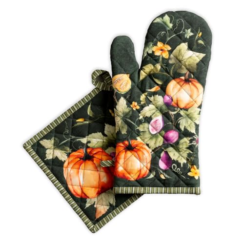 100% Cotton Oven Mitt & Pot Holder Set (026 - Pumpkin Garden - Dark Green / 7.5" x 13" & 8" x 8" (Oven Mitt & Pot Holder))