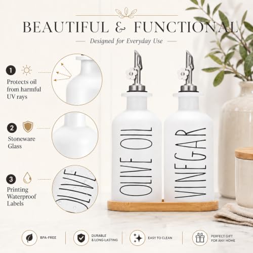 Premium Olive Oil Dispenser for Kitchen (White&Silver+Tray / 11.8 fl oz)