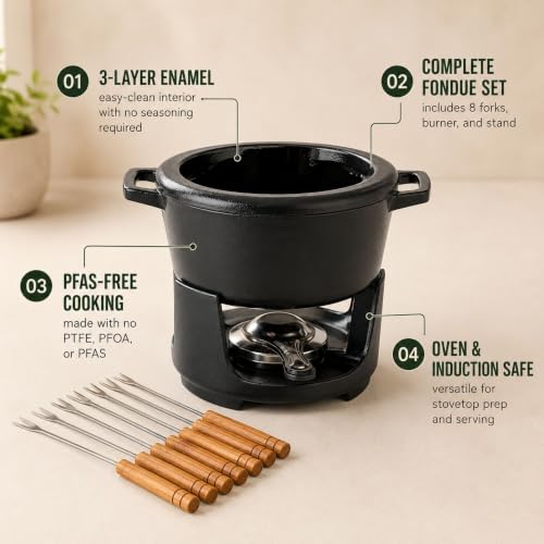 Nori 2 Quart Round Enameled Cast Iron Fondue Pot Set