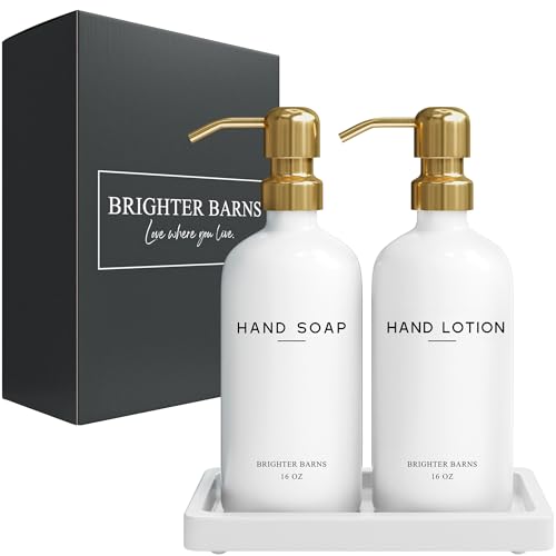 Luxury Glass Soap and Lotion Dispenser Set with Tray by Brighter Barns (Gold Sl)