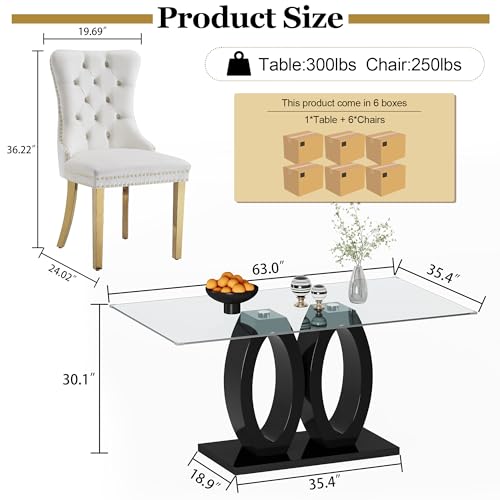 63" Glass Dining Table Set for 6 (Black Table & Gold White Chair / 7-Piece Set-Double O-Shaped Table)