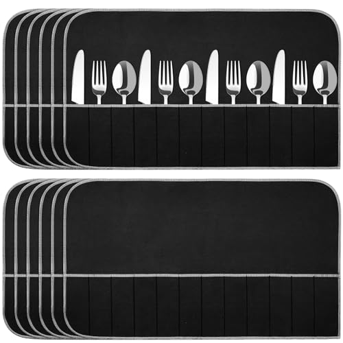 12 Pcs Anti Tarnish Silverware Storage Bags Felt (12 Slots / Black)