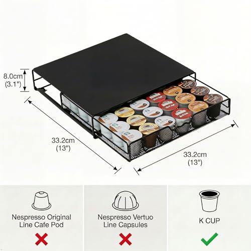 K Cup Holder Drawer for 36 Coffee Pods Storage (36 Capsules / Black with Metal Top)