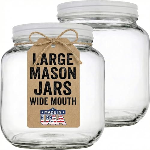 Half Gallon Mason Jars Wide Mouth with Airtight White Metal Lids (White Lid)