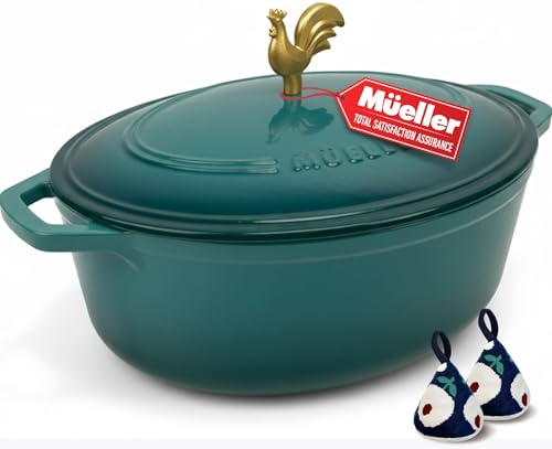 MUELLER HOME 5.5 Quart Enameled Cast Iron Oval Dutch Oven with Rooster Knob and Cotton Potholders (5.5 Quart -Oval / Emerald Green)