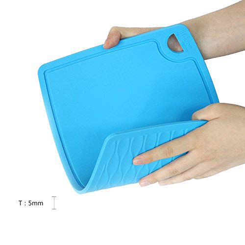 Thick Silicone Cutting Board 12.6'' x 9.1'' Foldable & Flexible Design Juice Grooves Easy Grip Handle Dishwasher Safe (12.6"L x 9.1"W / Blue)