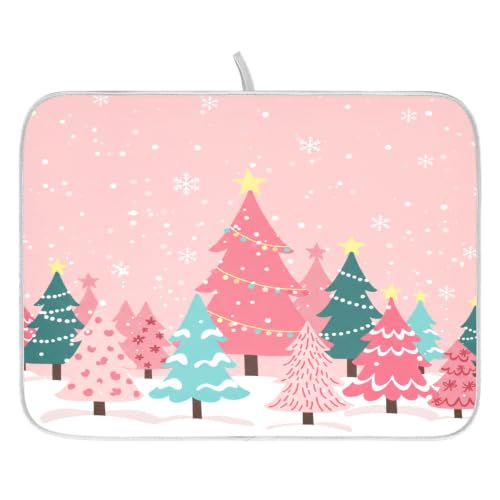 Christmas Tree Pink Dish Drying Mat for Kitchen Counter Absorbent Microfiber Large Drying Pad Winter White Snowflake Xmas Dish Mats for Kitchen Countertops 18 x 24 Inch (Christmas Tree Pink / 24" x 18")