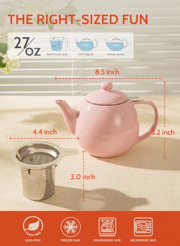 Porcelain Teapot 27 oz with Infuser for Loose Leaf Tea (Pink / 27oz (with infuser))