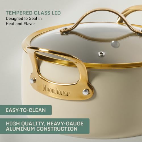 15 Piece Ceramic Nonstick Cookware Set (Almond Cream w/ Gold Handle / 15-Piece Cookware Set)