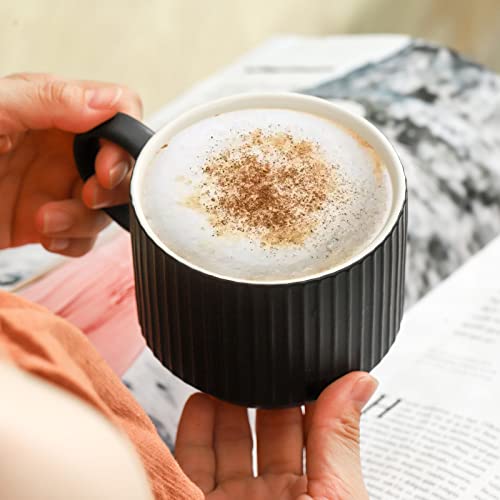 Coffee Mug Ceramic Set of 4 with Stand (Matte Black / 15 Ounces)