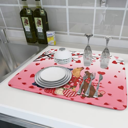 Love Dog Dish Drying Mat 18"x24" Red Heart Microfiber Dish Drainer Mat Hanging Loop Absorbent Fast Dry Pad Kitchen Counter Bar Accessories (Love Dogs / 24" x 18")