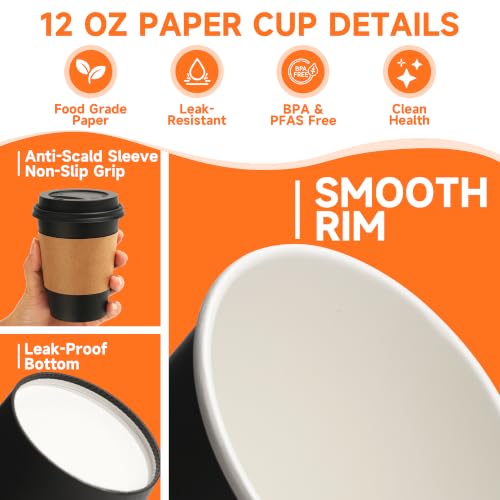 100 Pack 12 oz Disposable Coffee Cups with Lids and Sleeves (Black/Blue / 12oz)
