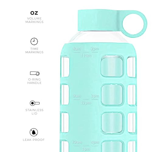 40oz / 32oz / 22oz / 12oz Borosilicate Glass Water Bottle with Time & Volume Markers, Silicone Sleeve, Stainless Steel Lid | Reusable Glass Bottle for Water & Juice (22oz Glow-in-the-Dark) (Glow-in-the-Dark (1 Count) / 22 Ounces)
