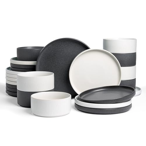 Star Stoneware Dinnerware Sets for 8 (Matte White & Charcoal)