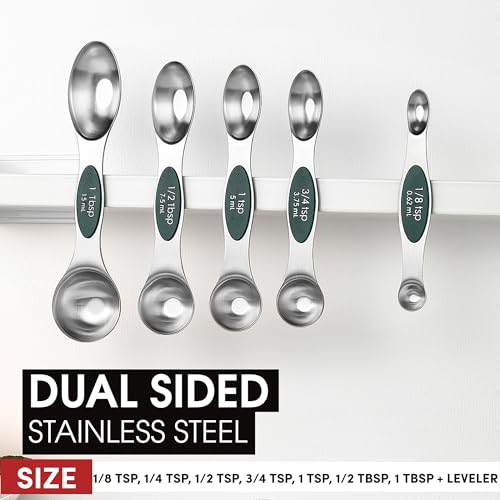 Stainless Steel Magnetic Measuring Spoons Set of 8 (Pine Green / 1-Pack)