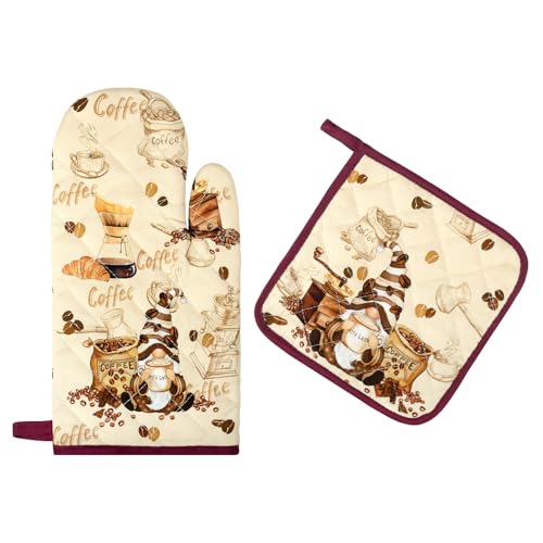 Coffee Gnome Oven Mitts and Pot Holders Set (Coffee / Oven Mitt x1 & Pot Holder x1)