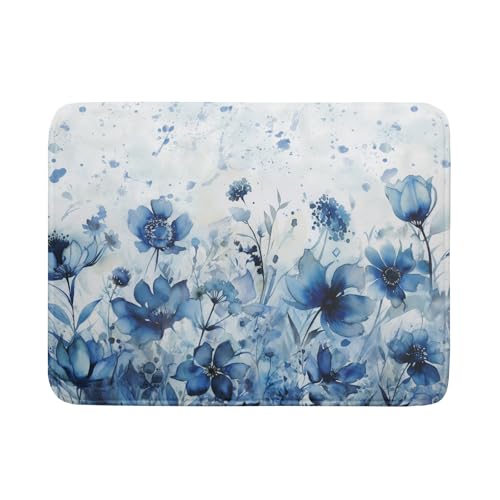Blue Floral Dish Drying Mat for Kitchen Counter Watercolor Leaves Dishes Drainer Rack Mat Absorbent Microfiber Dish Draining Pad 18x24 Inch (Watercolor Blue Floral / 24" x 18")
