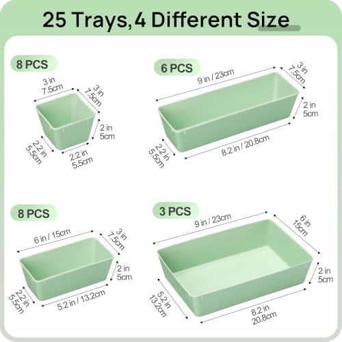 25 Pack Plastic Drawer Organizers with Non (Sage Green)