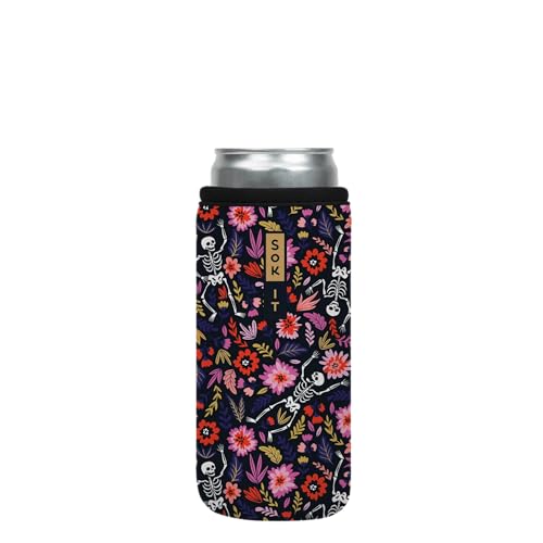 CanSok Sleeve for Beer & Soda Insulated Neoprene Cover (Floral Skeleton / 12oz Slim Can Sleeve)