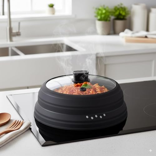 Microwave Splatter Cover Glass Microwave Cover for Food Collapsible Splatter Guard Lid with Silicone Handle for Pot Plate Bowl 9.8 Inch Black (Black / 9.8Inch)