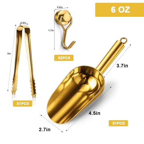 Stainless Steel Ice Scoop for Freezer with Magnetic Hook & Ice Tongs (6oz / Gold)