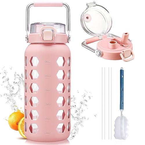 64oz Glass Water Bottle with Straw and Lid (Pink / 64 Ounces)