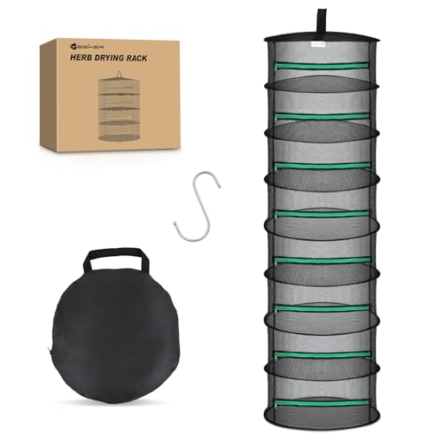 8 Layer Herb Drying Rack Hanging Mesh Net Foldable Plant Drying Racks 24" Diameter with Green Zipper & Hook Dryer Hanging Rack for Herbs Seed Bud Fruit Clothes Grow Tent Closets Garden Outdoor