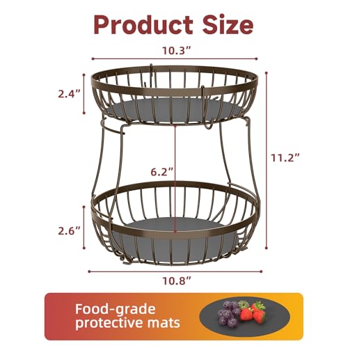 2 Tier Fruit Bowl for Kitchen Counter with Banana Hangers (Brown / 2 Tier)