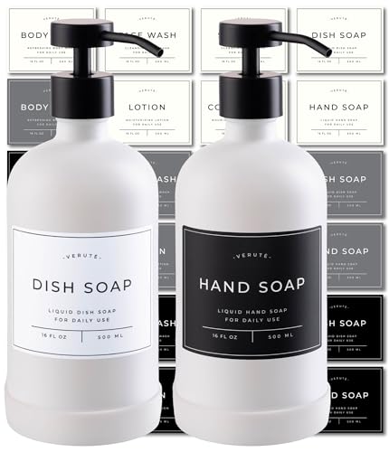Hand and Dish Soap Dispenser for Kitchen and Bathroom (Matte White Bottle / Black Pump)