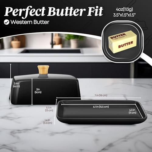 Large Ceramic Butter Dish with Lid for Countertop (Black / Large)